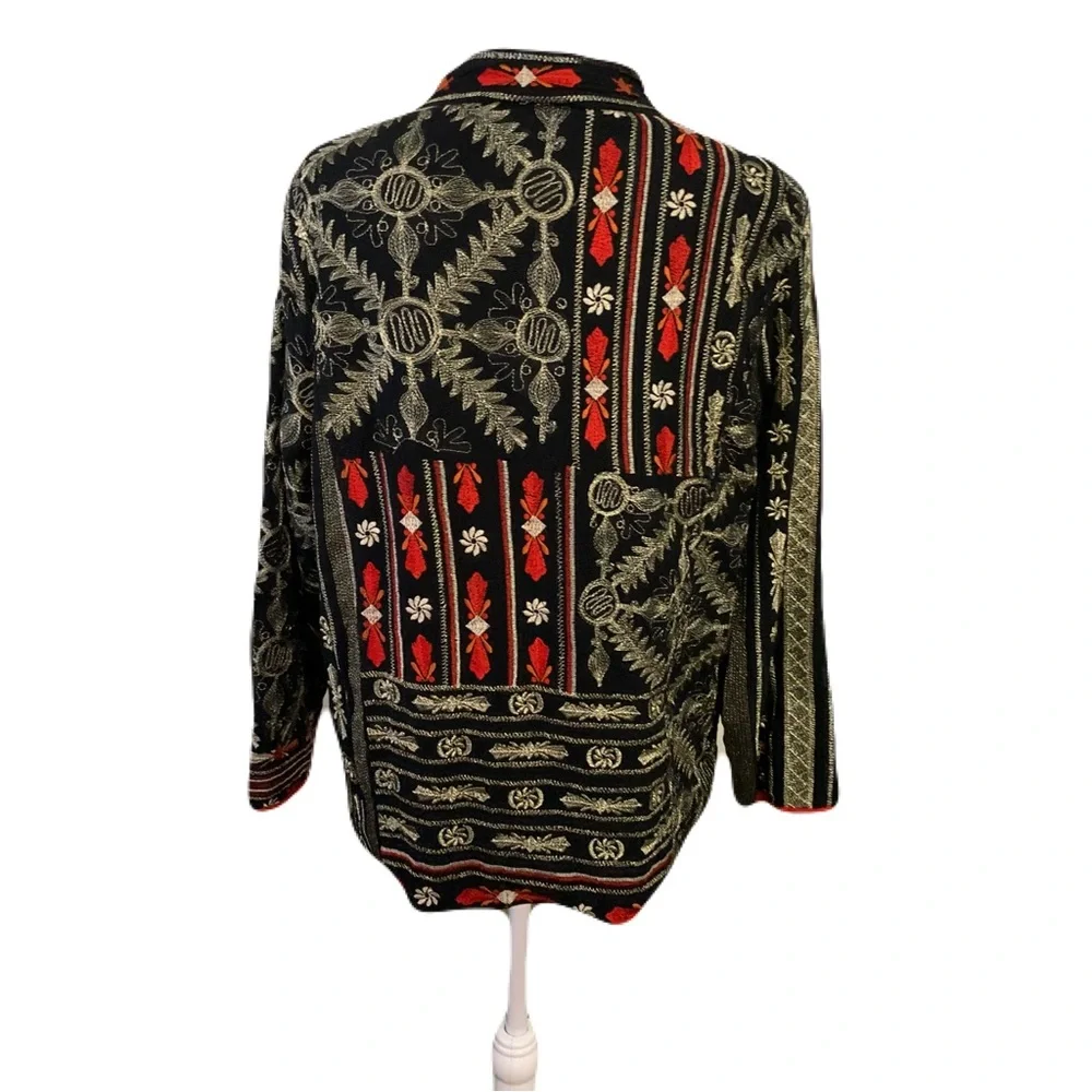 Chico's Womens 3/XL Black Red Gold Fully Embroidered Asian Inspired Light Jacket